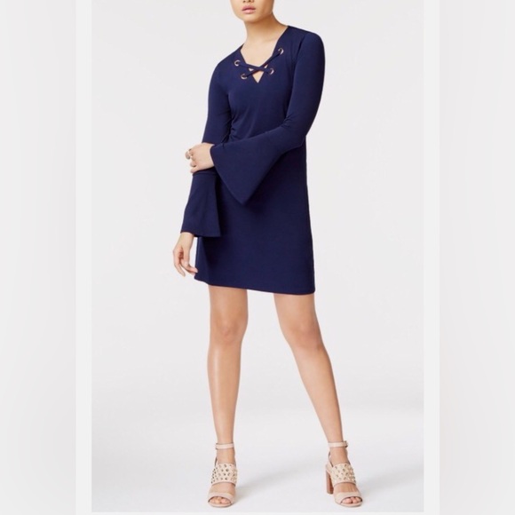 Michael Kors Dresses & Skirts - Michael Kors Lace Up Bell Sleeve Stretch Cocktail Dress in True Navy (M)